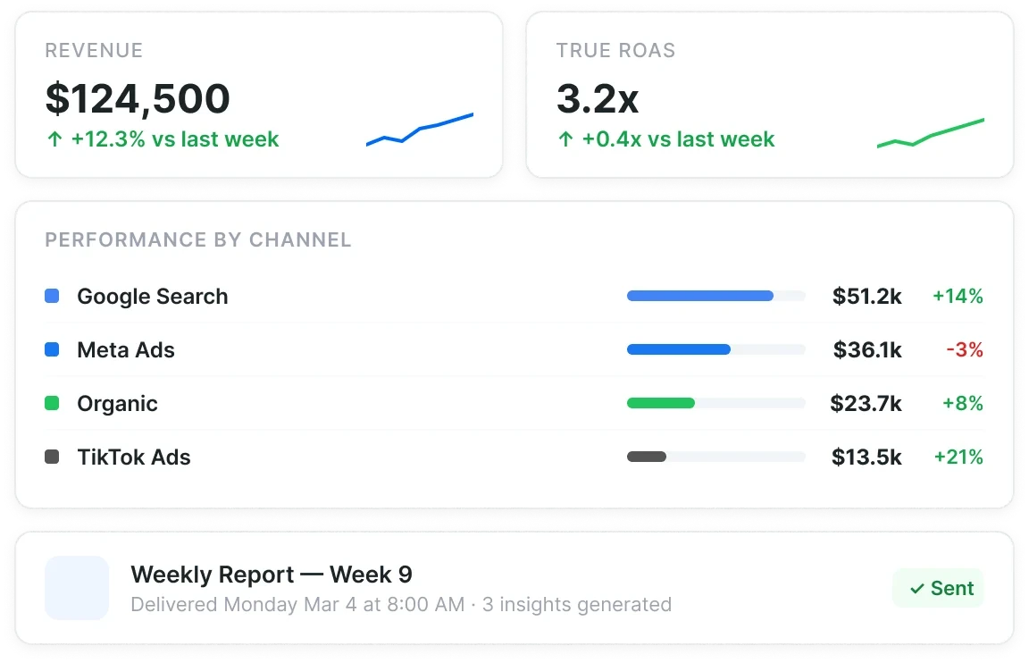 TrustData decision dashboard with weekly performance report