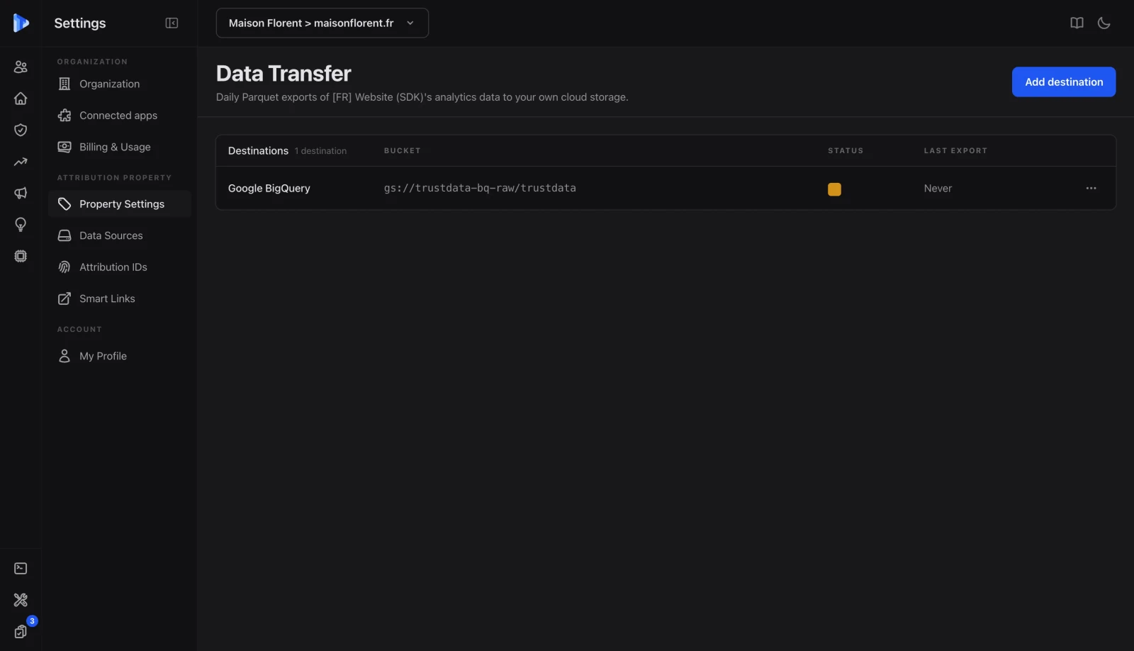 Réglages Data Transfer de TrustData avec une destination Google BigQuery, son bucket et la date du dernier export