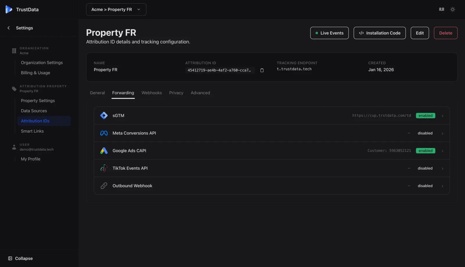Destinations de forwarding des conversions TrustData multi-plateformes