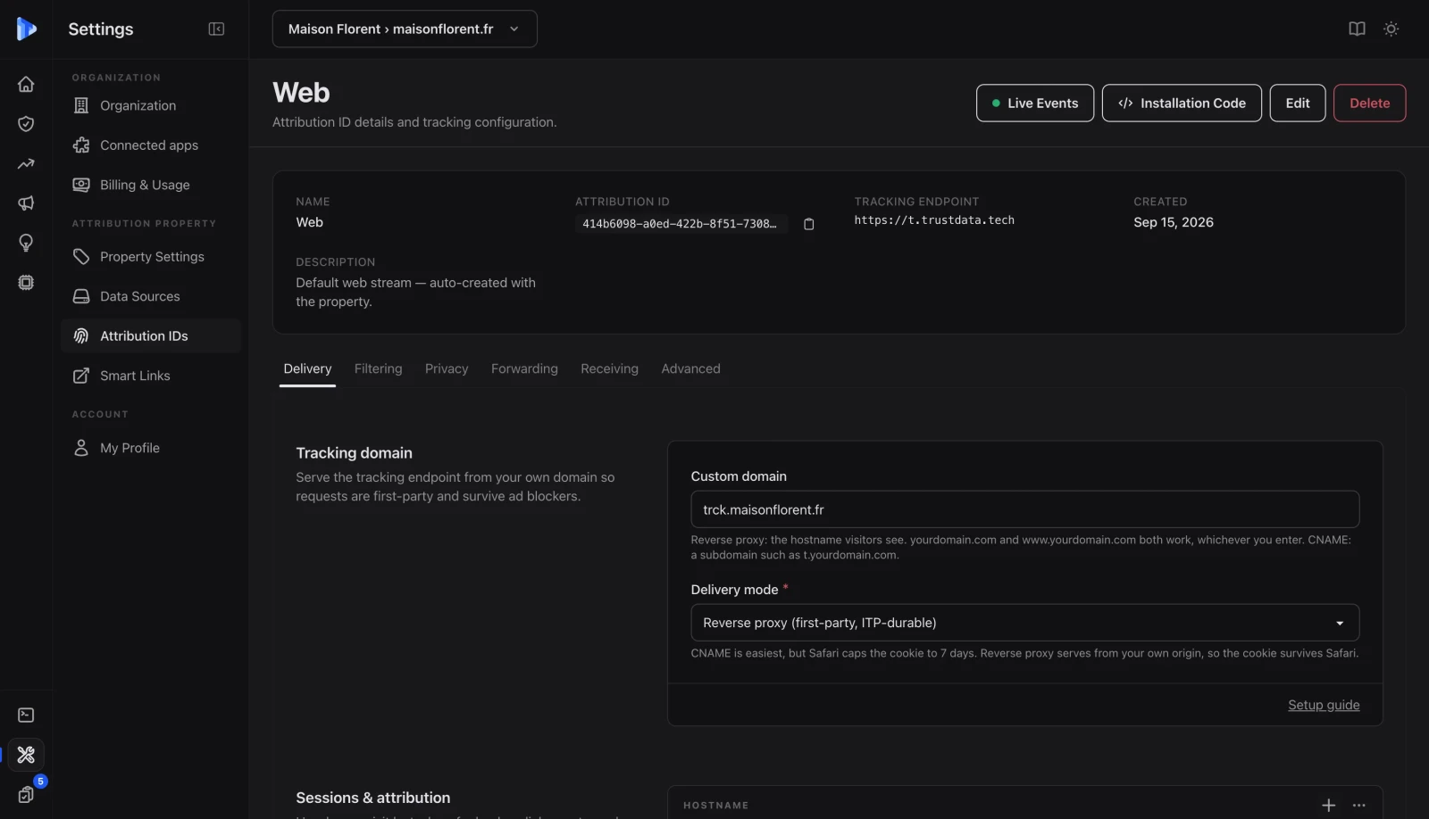 Réglages du domaine de tracking TrustData avec un domaine personnalisé sur le sous-domaine de la marque et le mode de livraison en reverse proxy