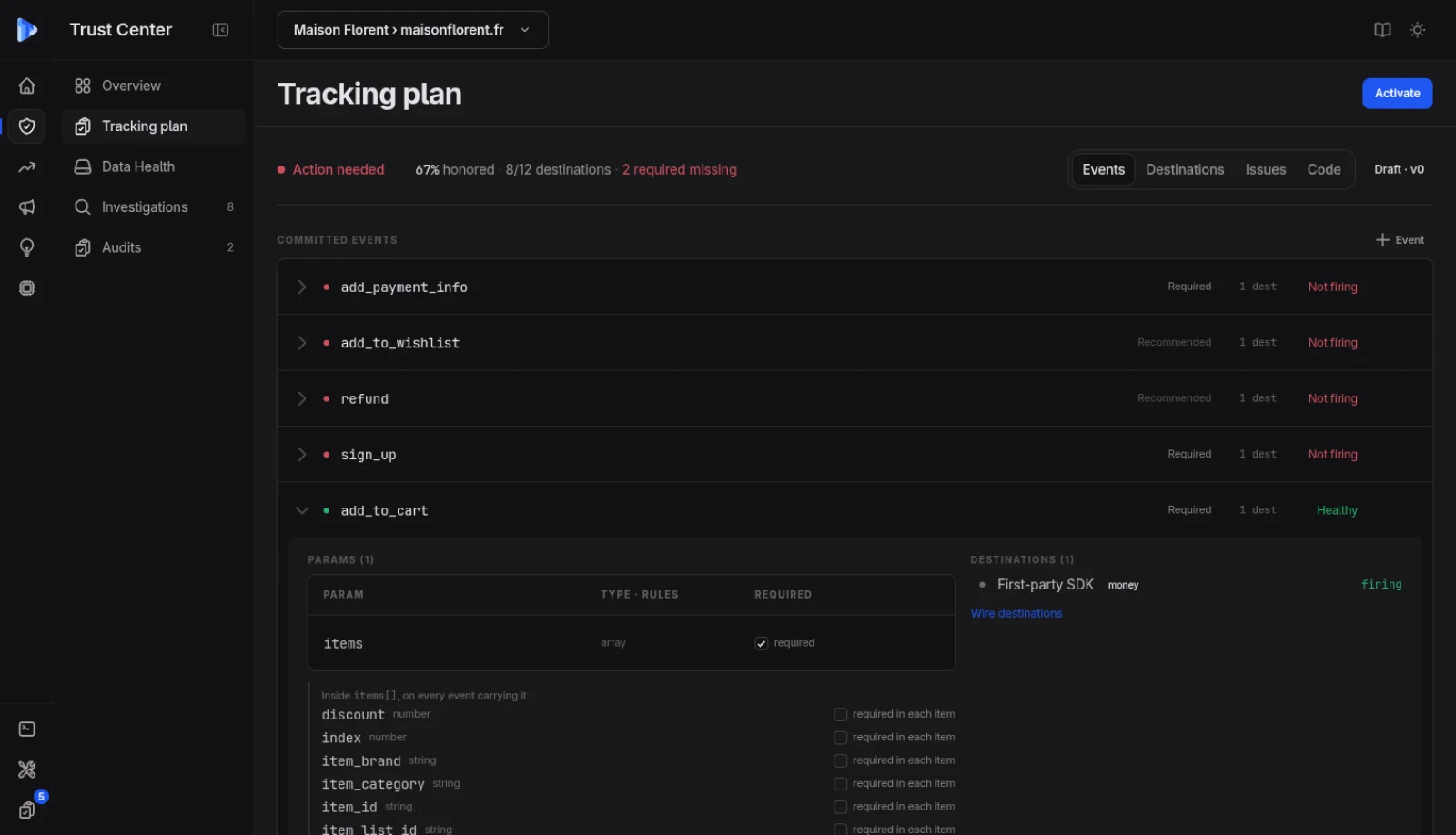Plan de tracking TrustData avec verdict par événement et historique des révisions