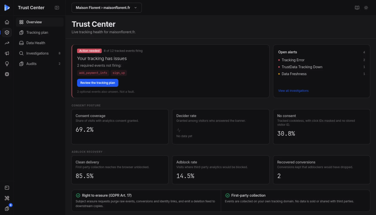 Contrat de tracking TrustData avec verdict en direct pour la redevabilité client